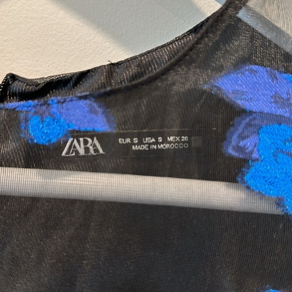 Zara Black Organza Sheer Mini Dress Blue Long Sleeve Tiered Skirt Floral Ruffle - Picture 10 of 11